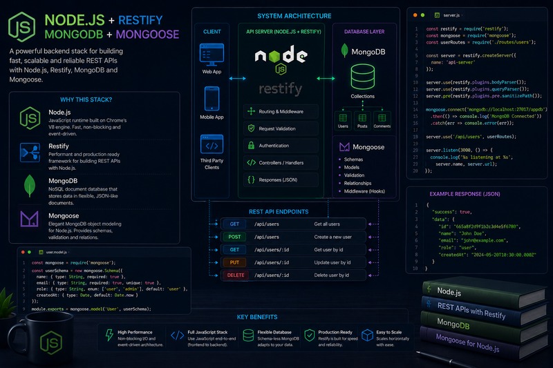 Node.js Restify MongoDB and Mongoose REST API architecture diagram