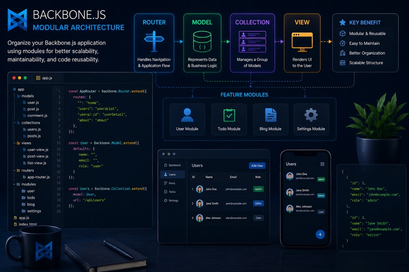 Backbone.js modular architecture showing Models Views Routers and reusable frontend modules