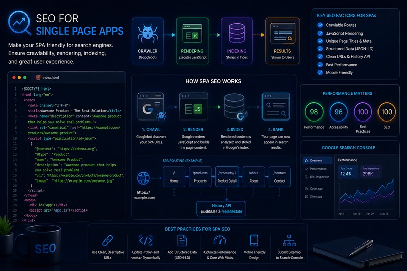 Single Page Application SEO architecture showing routing rendering and indexing